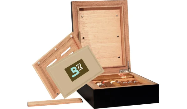 BigSmoke Mini fekete humidor, Boveda 72%-os csomaggal